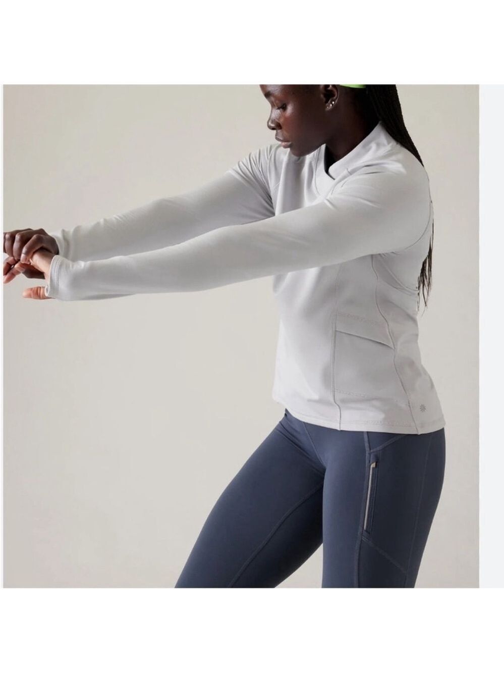ATHLETA Whistler Cross Neck top long sleeve shirt relaxed fit pockets white XL